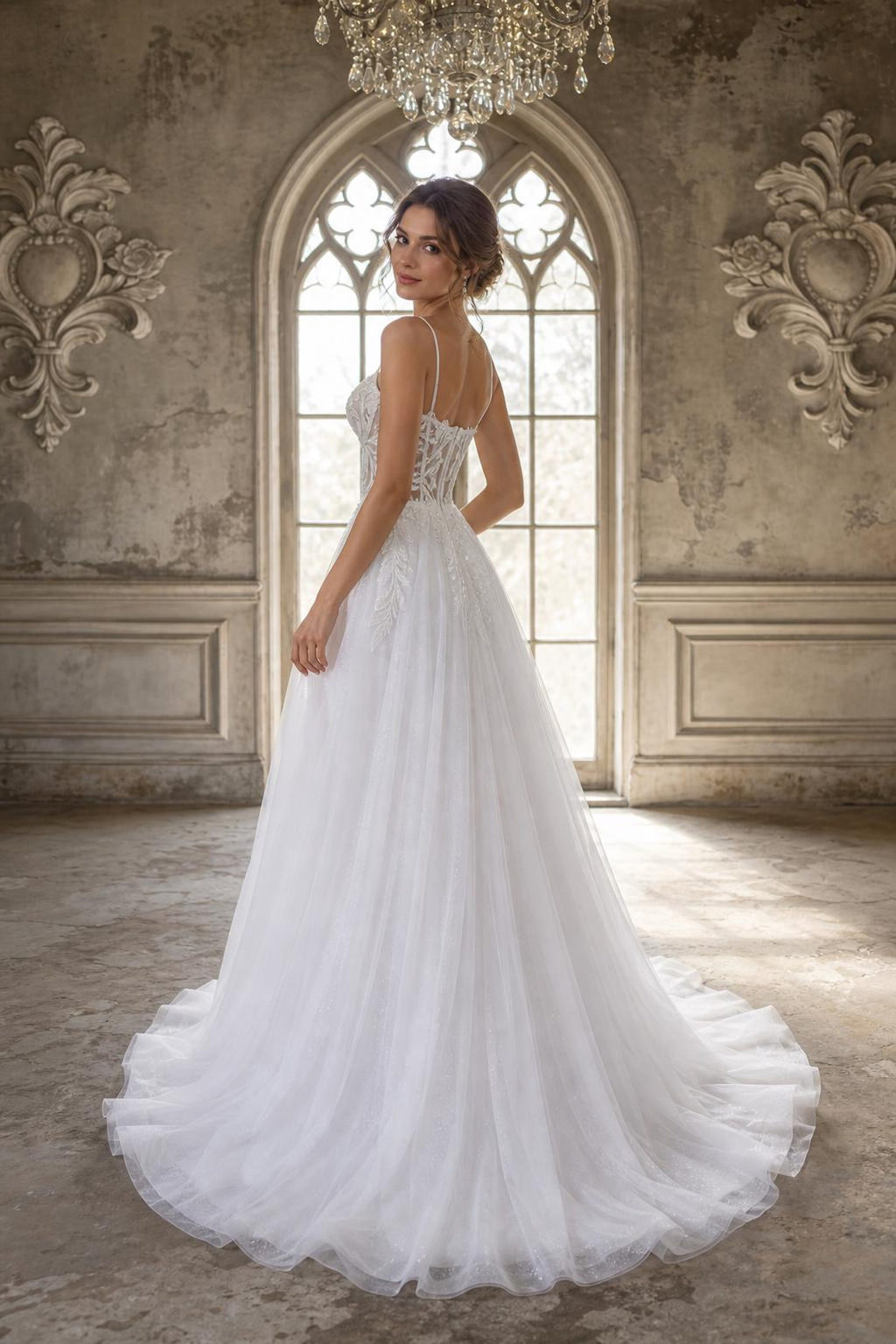 Spaghetti Strap A-Line Wedding Dress, Beaded Lace Bridal Gown, Sheer Bodice Tulle Wedding Dress with Train