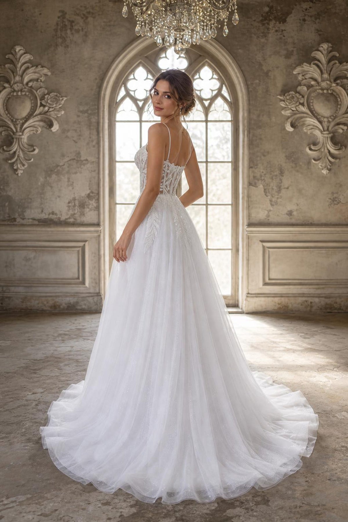 Spaghetti Strap A-Line Wedding Dress, Beaded Lace Bridal Gown, Sheer Bodice Tulle Wedding Dress with Train