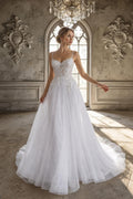 Spaghetti Strap A-Line Wedding Dress, Beaded Lace Bridal Gown, Sheer Bodice Tulle Wedding Dress with Train