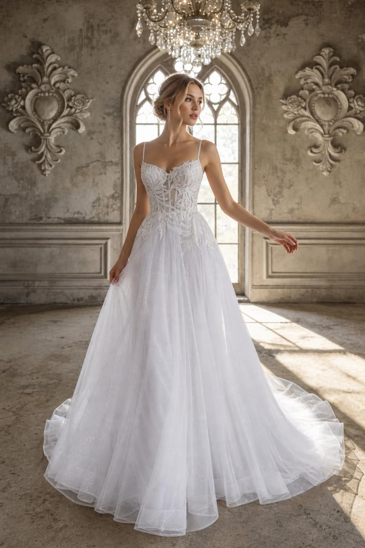 Spaghetti Strap A-Line Wedding Dress, Beaded Lace Bridal Gown, Sheer Bodice Tulle Wedding Dress with Train