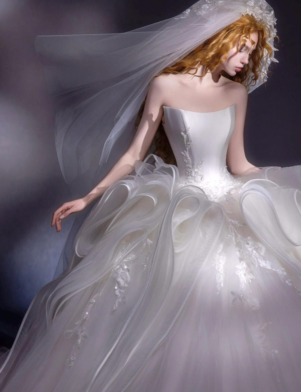 Strapless Voluminous Tulle Ballgown Wedding Dress, 3D Ruffle Lace Applique Bridal Gown With Train