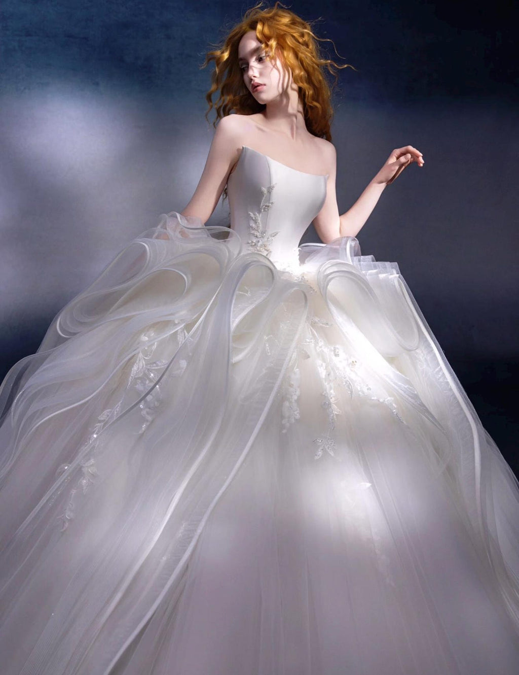 Strapless Voluminous Tulle Ballgown Wedding Dress, 3D Ruffle Lace Applique Bridal Gown With Train