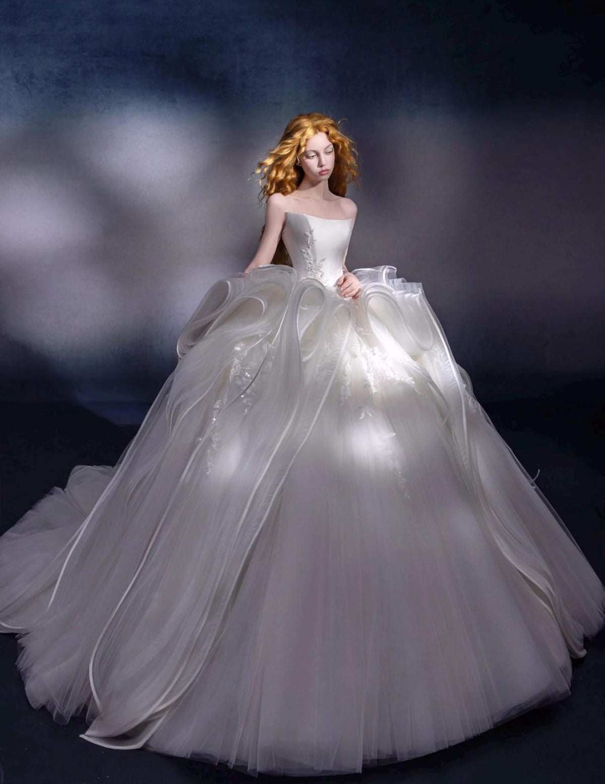 Strapless Voluminous Tulle Ballgown Wedding Dress, 3D Ruffle Lace Applique Bridal Gown With Train