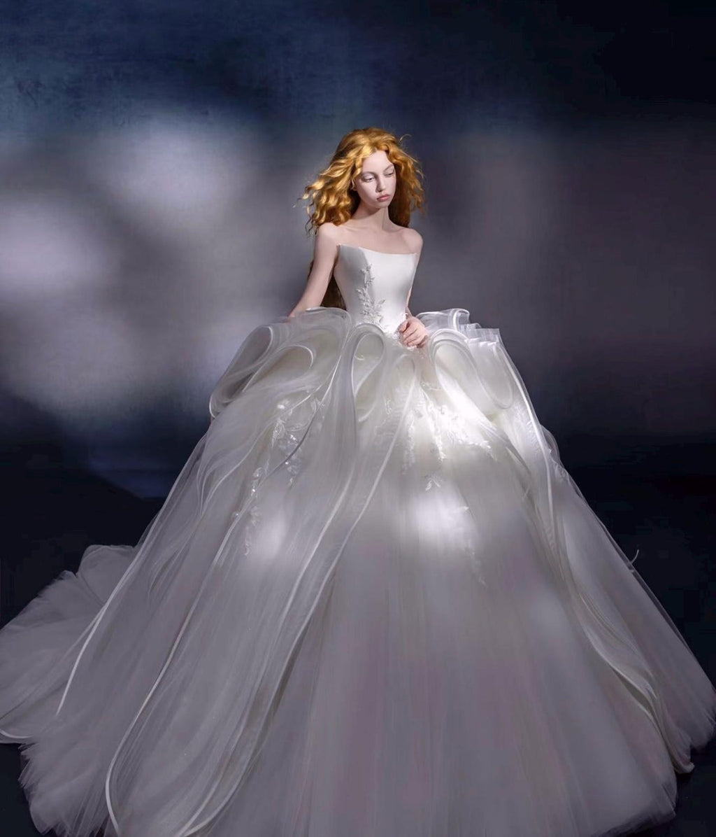 Strapless Voluminous Tulle Ballgown Wedding Dress, 3D Ruffle Lace Applique Bridal Gown With Train