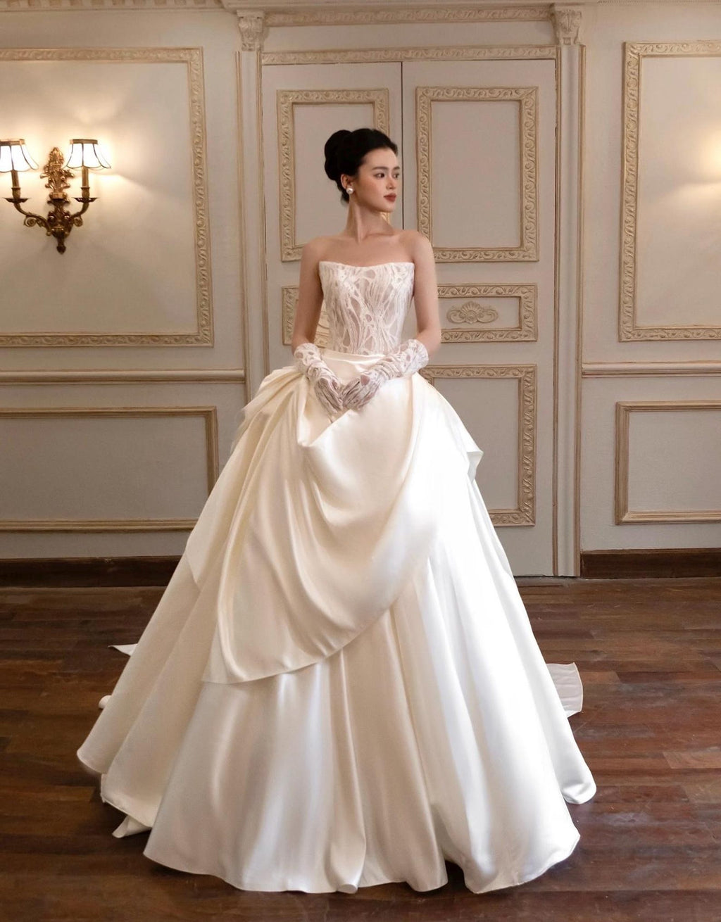Strapless Illusion Lace Satin Ballgown Wedding Dress, Draped Voluminous Bridal Gown With Train