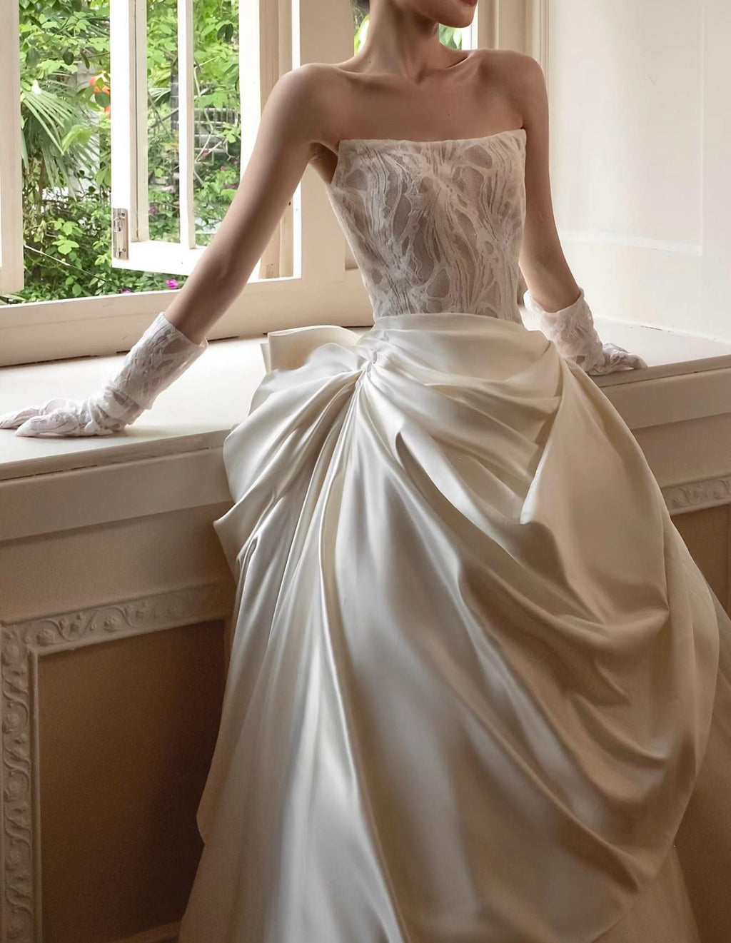 Strapless Illusion Lace Satin Ballgown Wedding Dress, Draped Voluminous Bridal Gown With Train