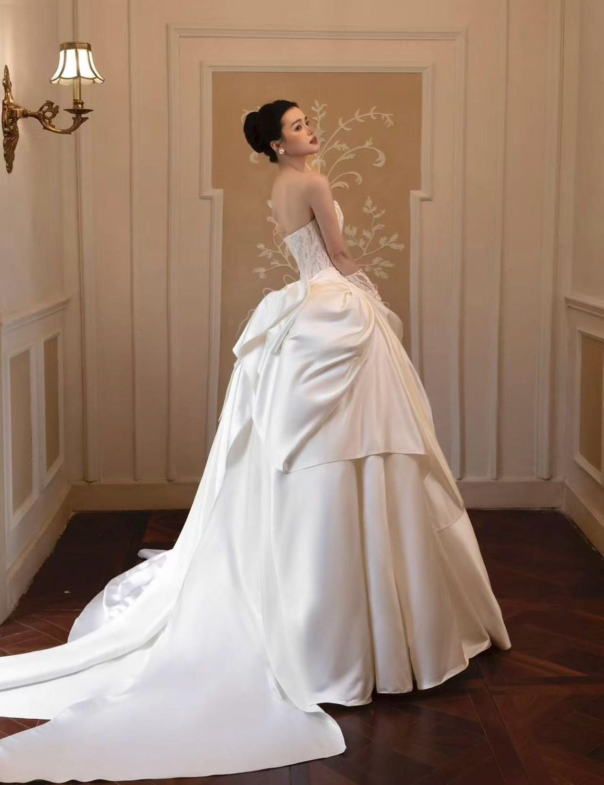Strapless Illusion Lace Satin Ballgown Wedding Dress, Draped Voluminous Bridal Gown With Train