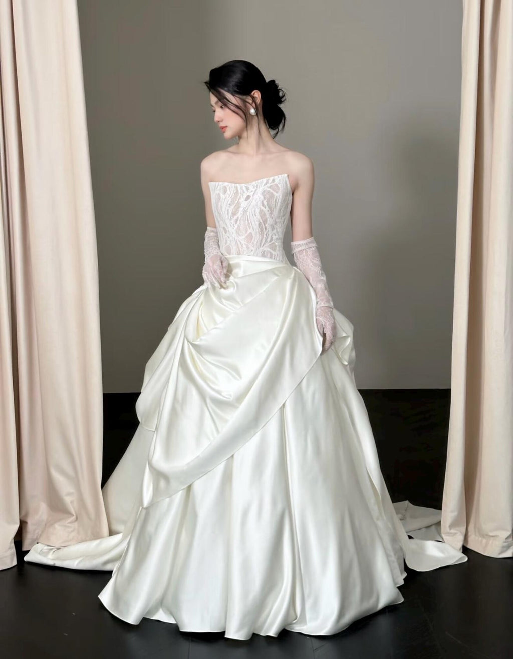 Strapless Illusion Lace Satin Ballgown Wedding Dress, Draped Voluminous Bridal Gown With Train