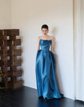Strapless Draped Satin Evening Gown, Luxury Blue Formal Maxi Dress With Pockets