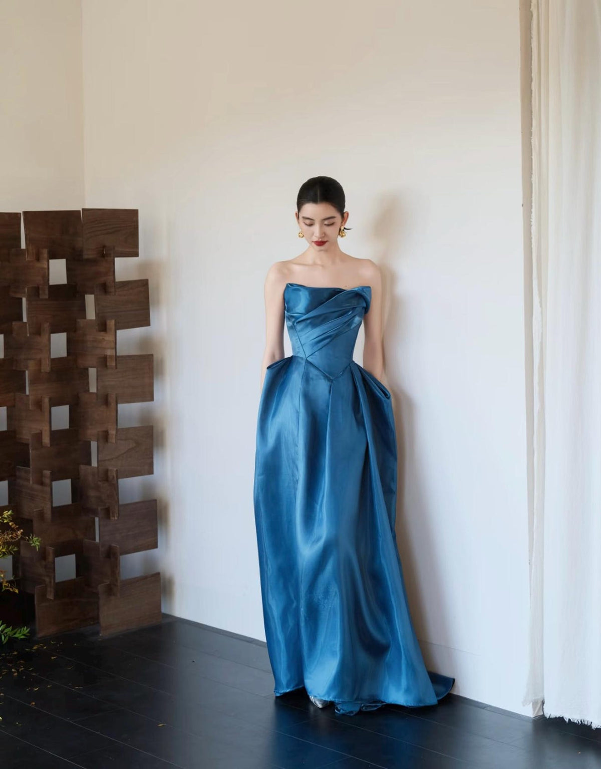 Strapless Draped Satin Evening Gown, Luxury Blue Formal Maxi Dress With Pockets