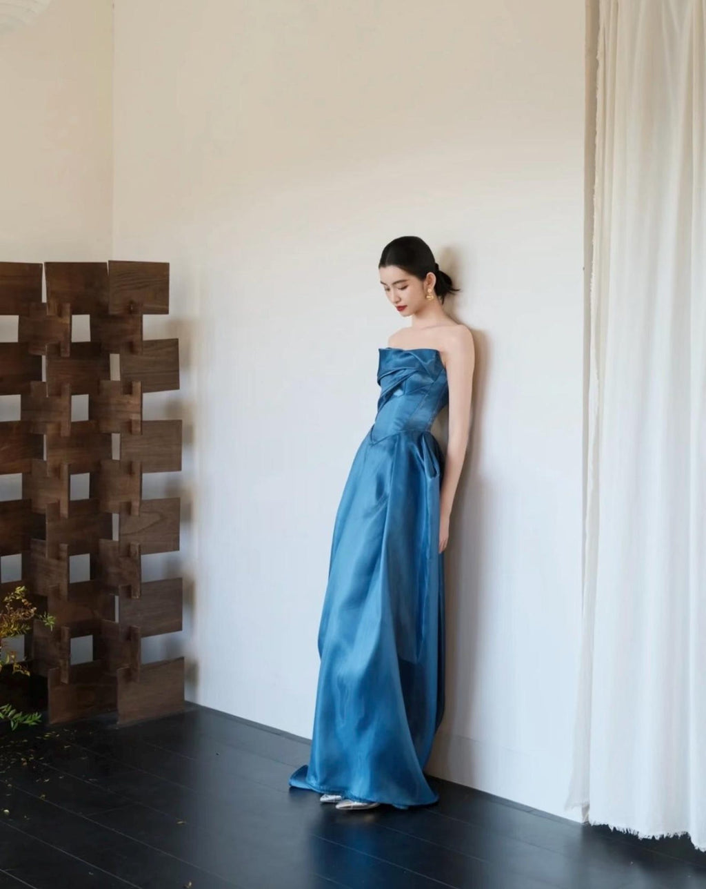 Strapless Draped Satin Evening Gown, Luxury Blue Formal Maxi Dress With Pockets