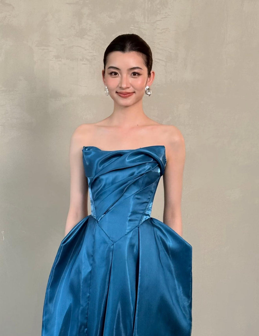 Strapless Draped Satin Evening Gown, Luxury Blue Formal Maxi Dress With Pockets