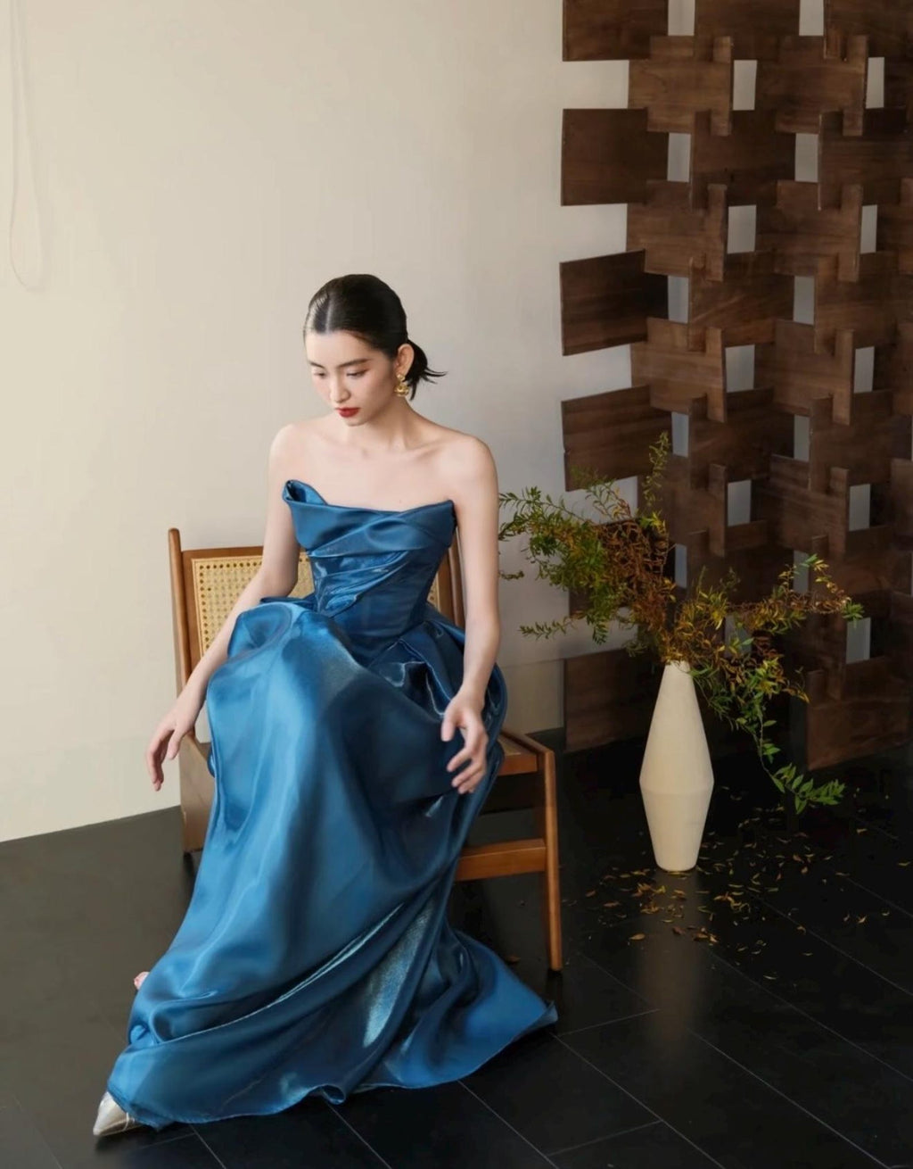 Strapless Draped Satin Evening Gown, Luxury Blue Formal Maxi Dress With Pockets