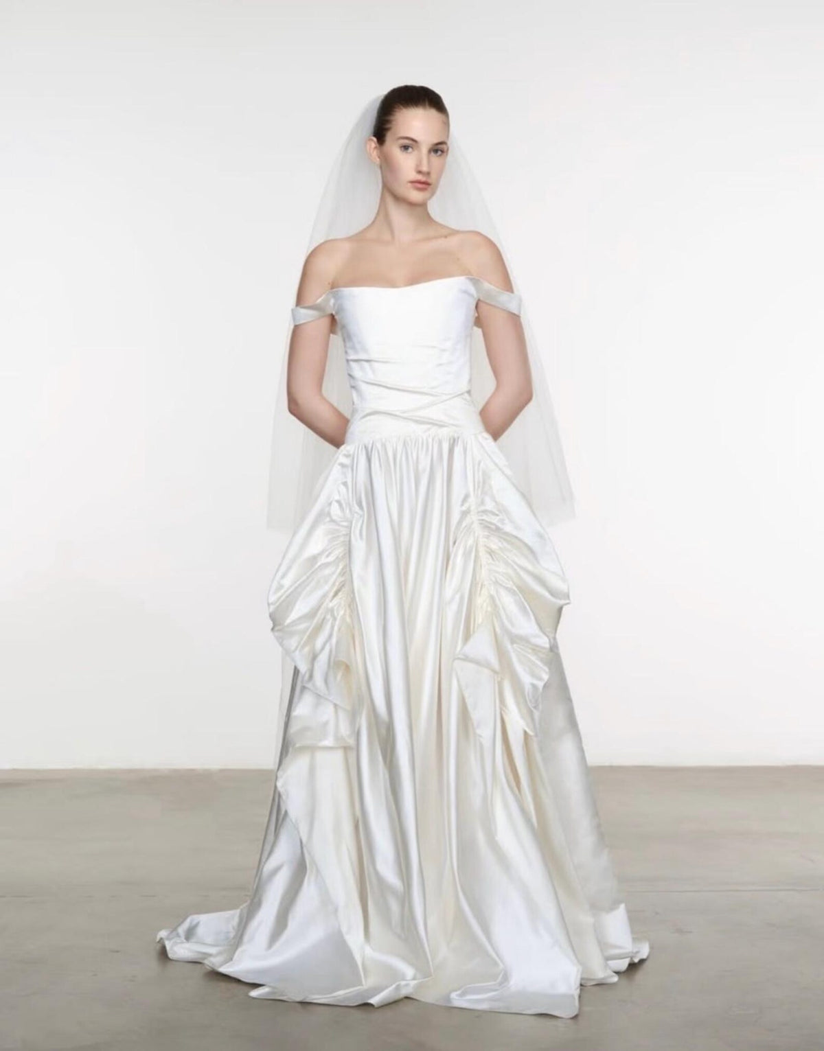 Off‑the‑Shoulder Satin Ballgown Wedding Dress, Draped Ruched Skirt Bridal Gown With Train