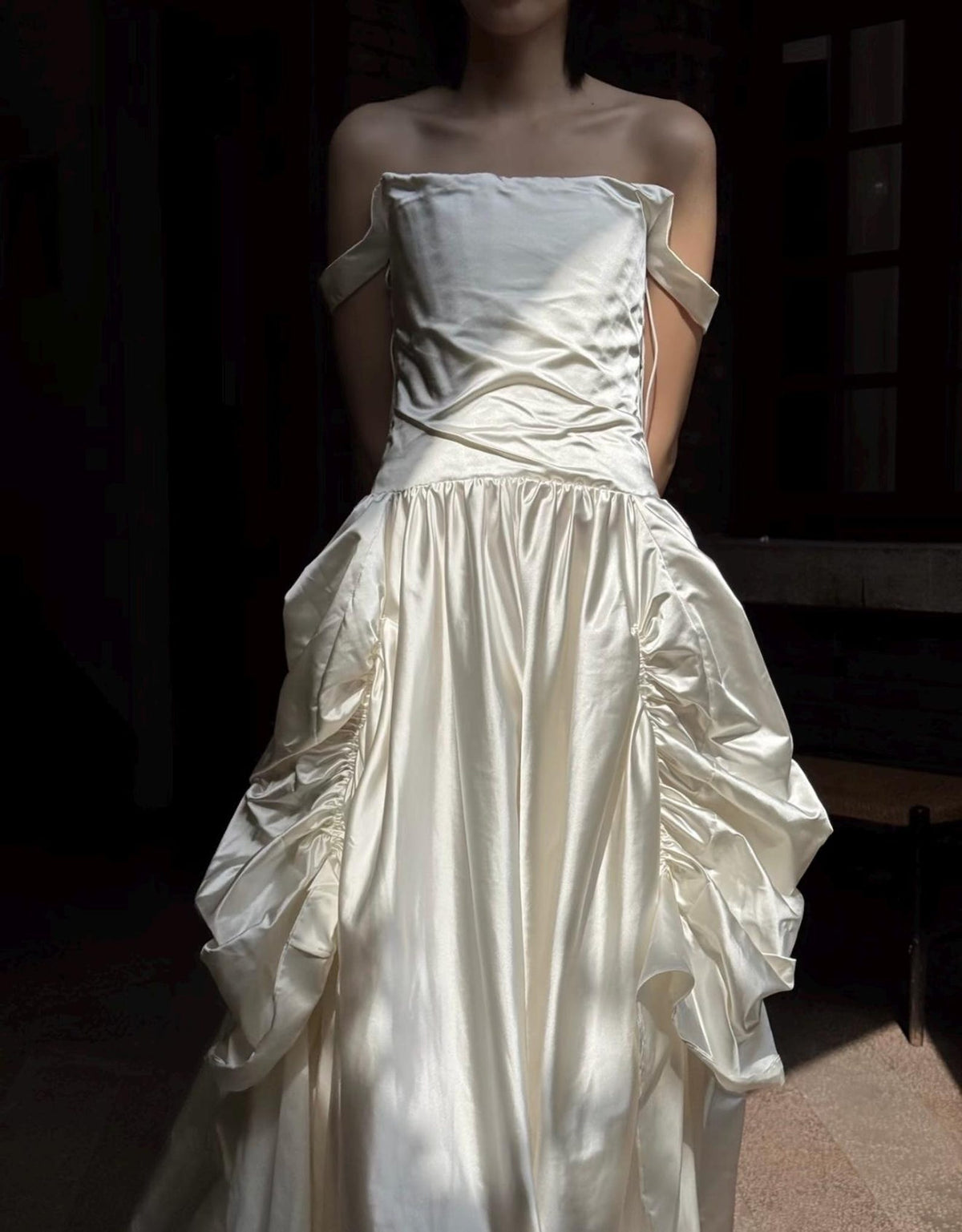 Off‑the‑Shoulder Satin Ballgown Wedding Dress, Draped Ruched Skirt Bridal Gown With Train