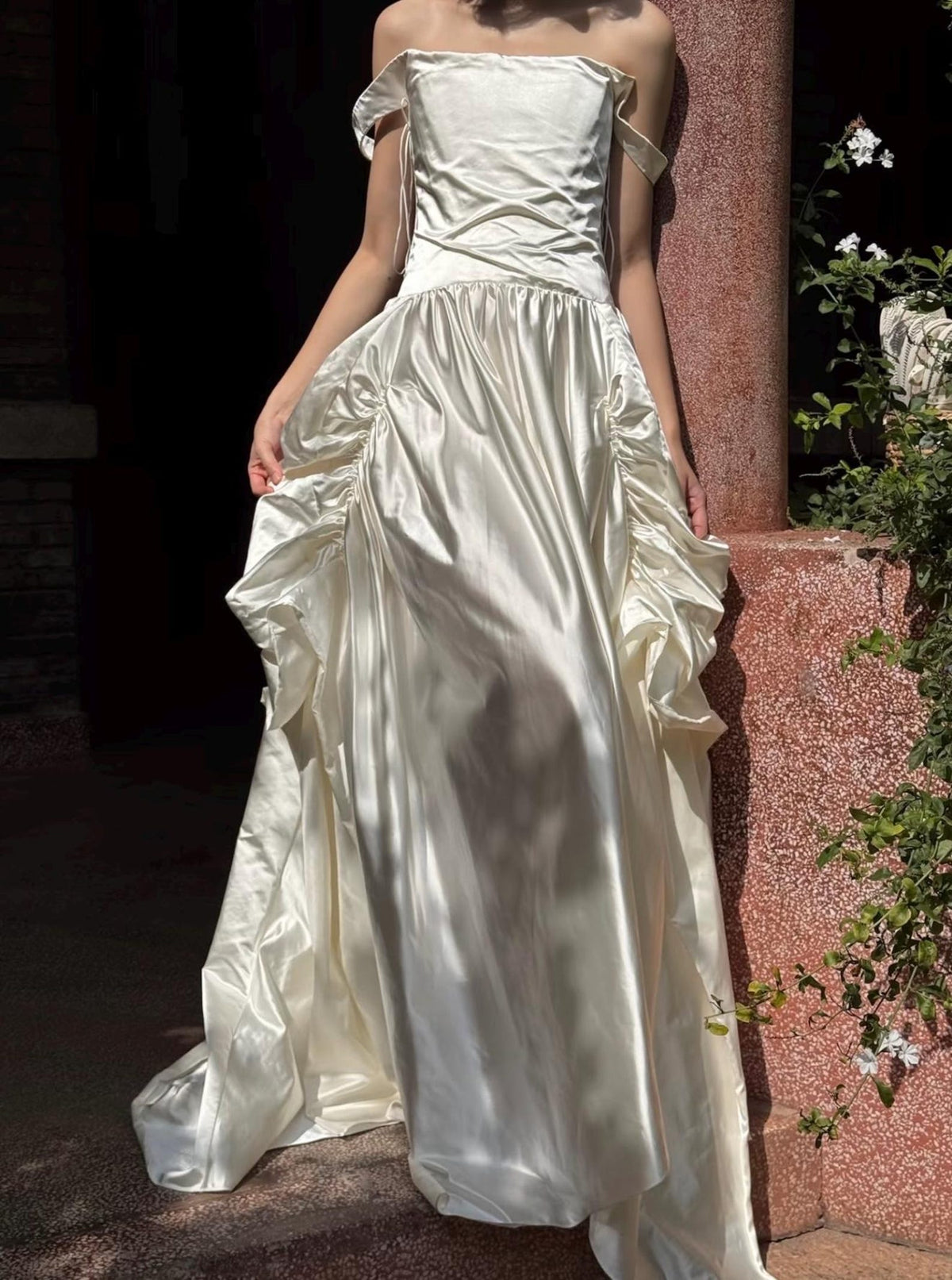 Off‑the‑Shoulder Satin Ballgown Wedding Dress, Draped Ruched Skirt Bridal Gown With Train