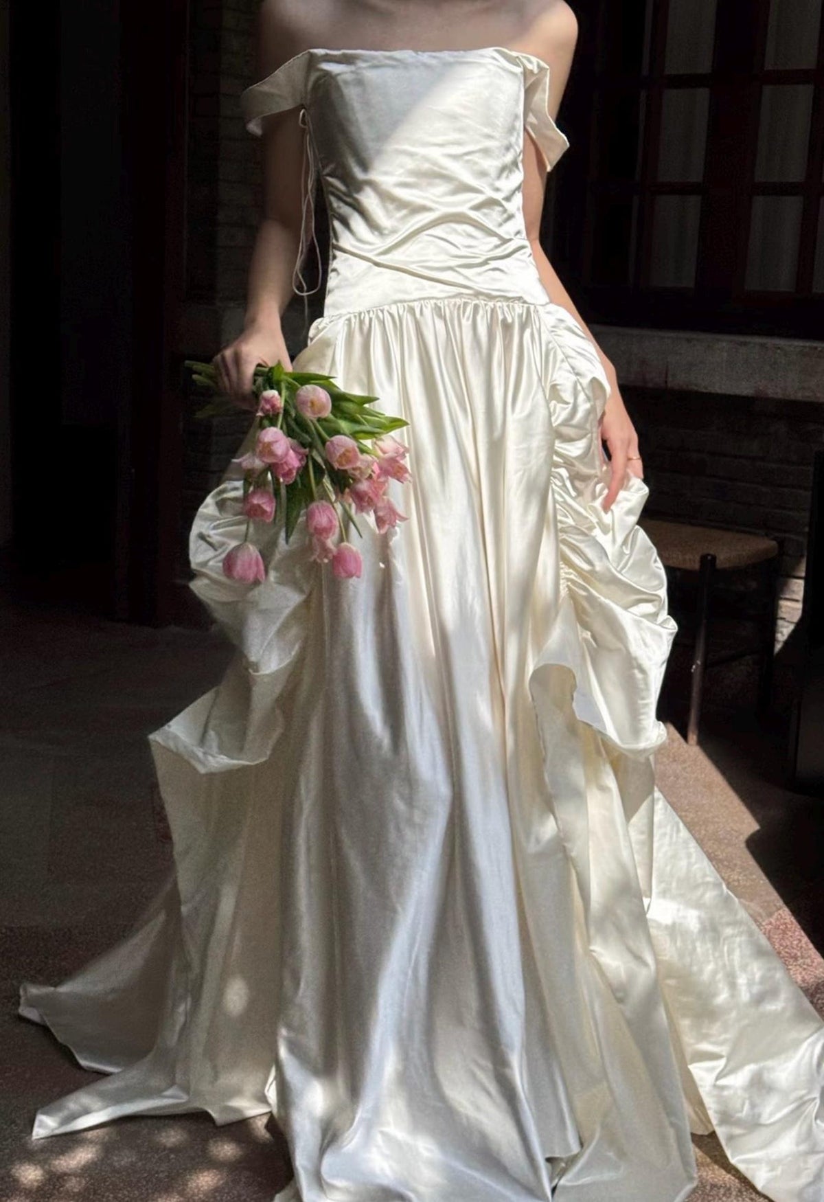 Off‑the‑Shoulder Satin Ballgown Wedding Dress, Draped Ruched Skirt Bridal Gown With Train