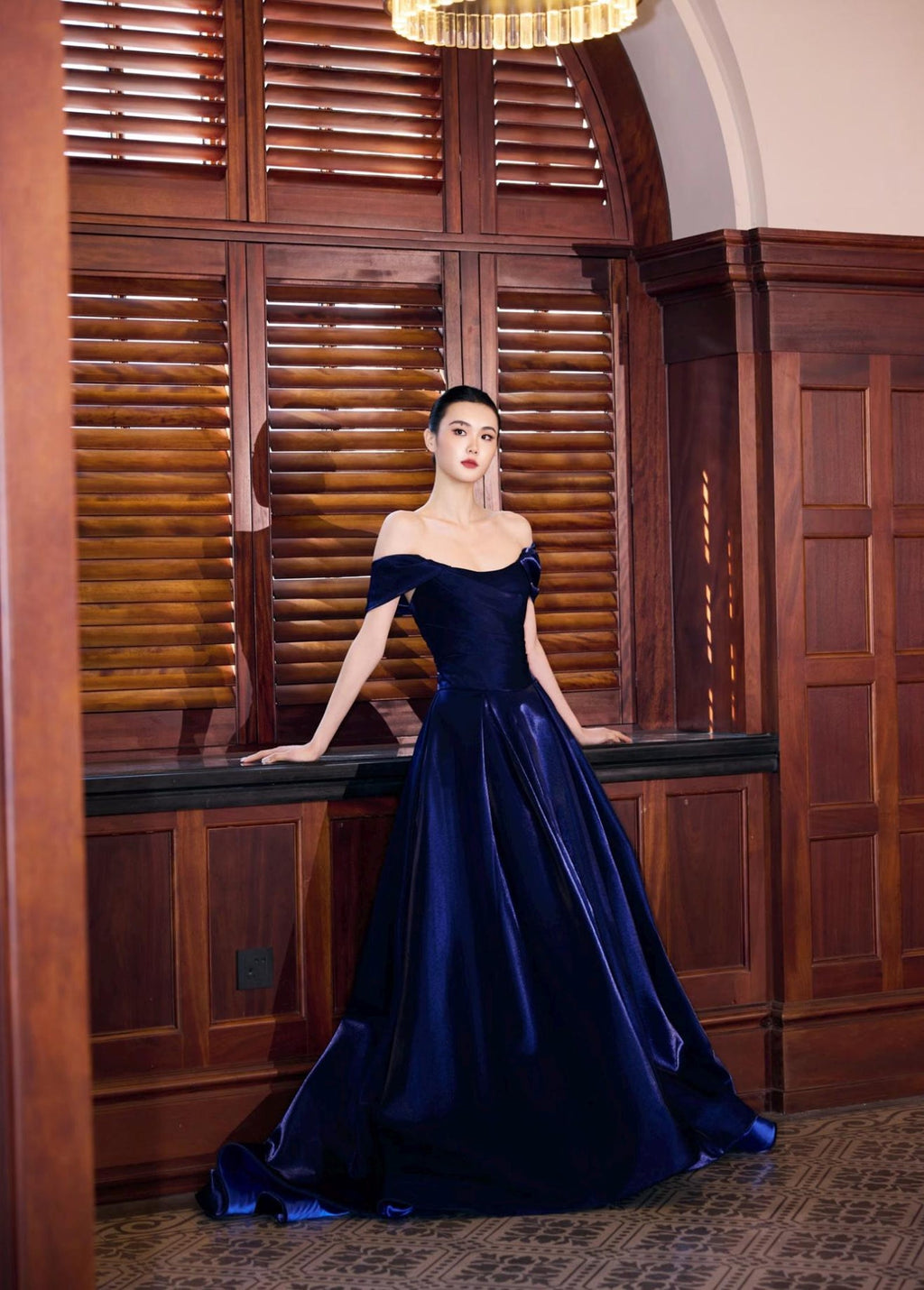 Navy Blue Satin Off Shoulder Evening Gown, High Slit Formal Dress, Prom Dress with Pockets, Elegant Pageant Wedding Guest Dress