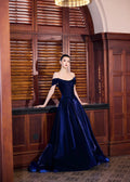Navy Blue Satin Off Shoulder Evening Gown, High Slit Formal Dress, Prom Dress with Pockets, Elegant Pageant Wedding Guest Dress