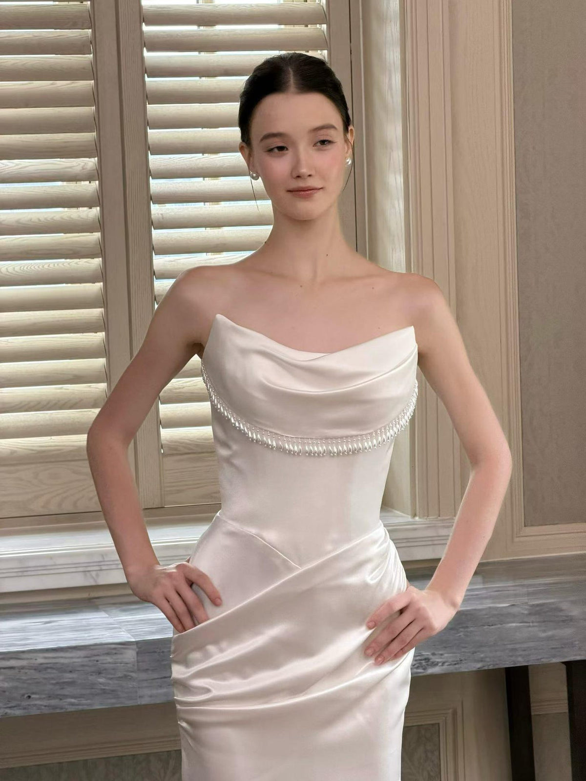 Strapless Cowl Neck Satin Mermaid Wedding Dress, Pearl Beaded Trim Bridal Gown, Simple Elegant Wedding Gown with Train
