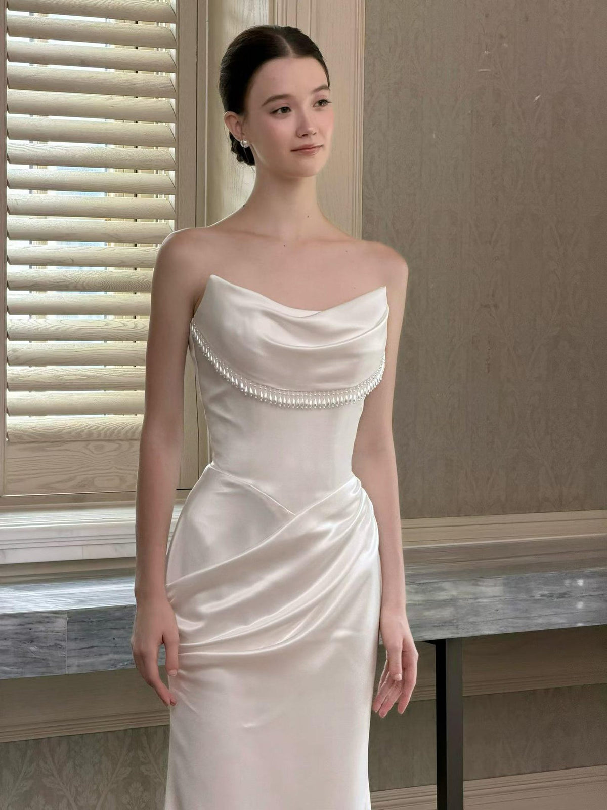 Strapless Cowl Neck Satin Mermaid Wedding Dress, Pearl Beaded Trim Bridal Gown, Simple Elegant Wedding Gown with Train
