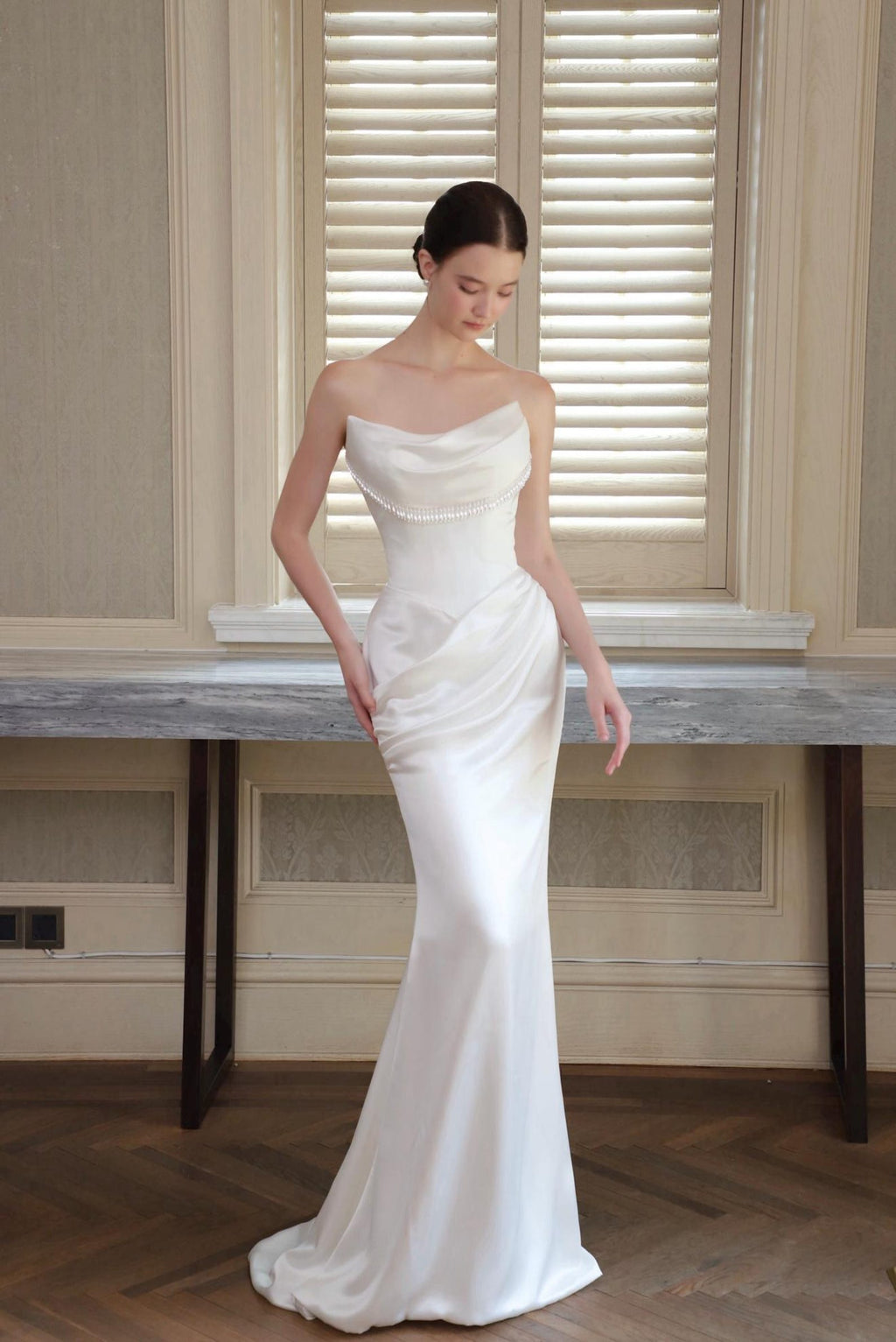 Strapless Cowl Neck Satin Mermaid Wedding Dress, Pearl Beaded Trim Bridal Gown, Simple Elegant Wedding Gown with Train