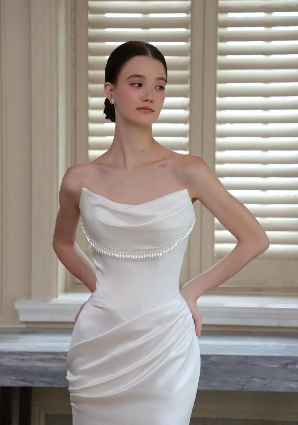 Strapless Cowl Neck Satin Mermaid Wedding Dress, Pearl Beaded Trim Bridal Gown, Simple Elegant Wedding Gown with Train