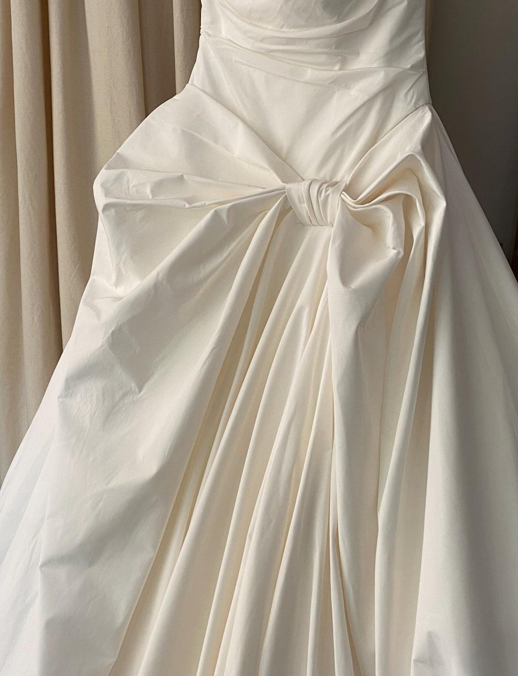 Off White Satin Wedding Gown, Off The Shoulder Bridal Dress, Big Bow A Line Wedding Dress With Train, Simple Minimalist Wedding Dress
