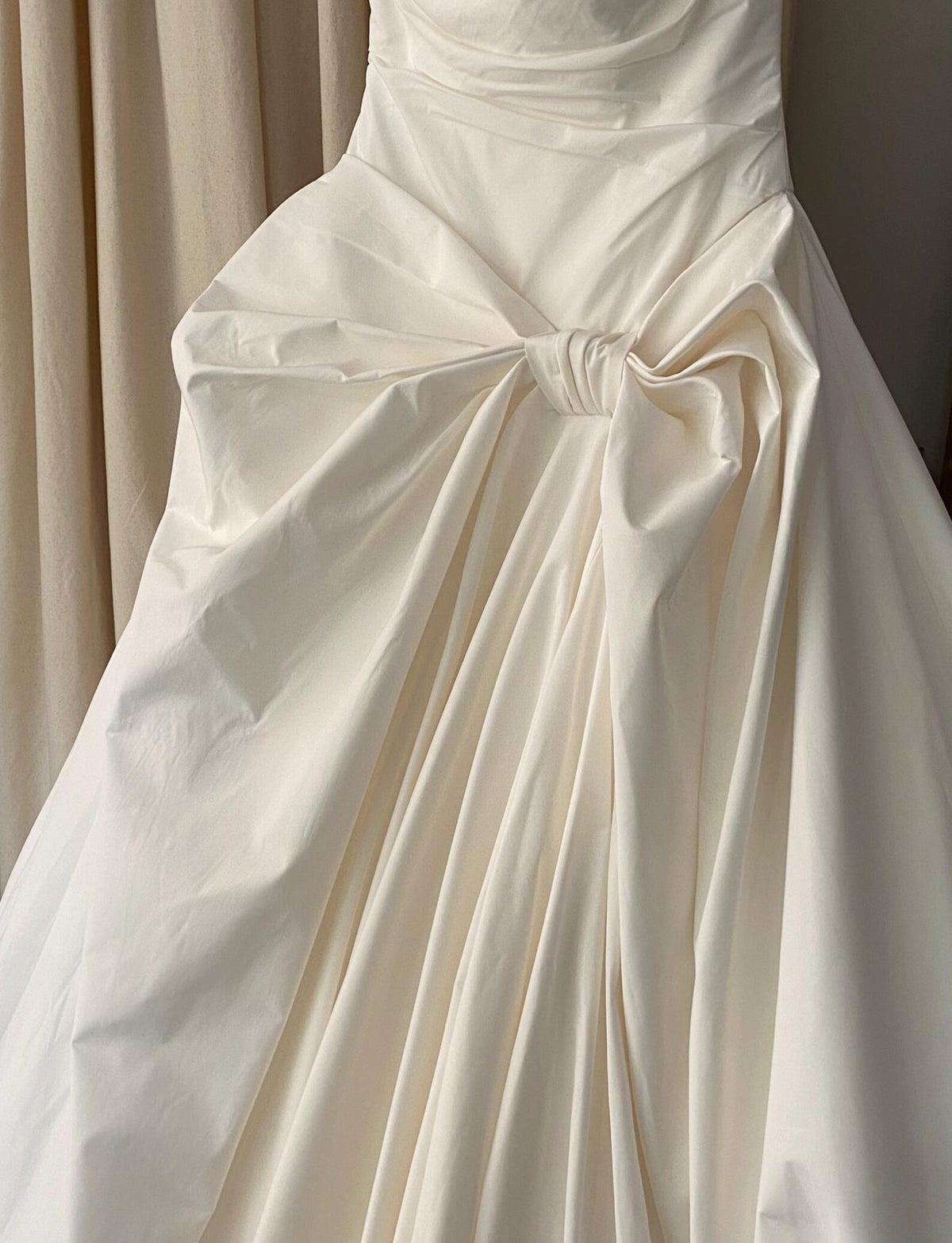 Off White Satin Wedding Gown, Off The Shoulder Bridal Dress, Big Bow A Line Wedding Dress With Train, Simple Minimalist Wedding Dress