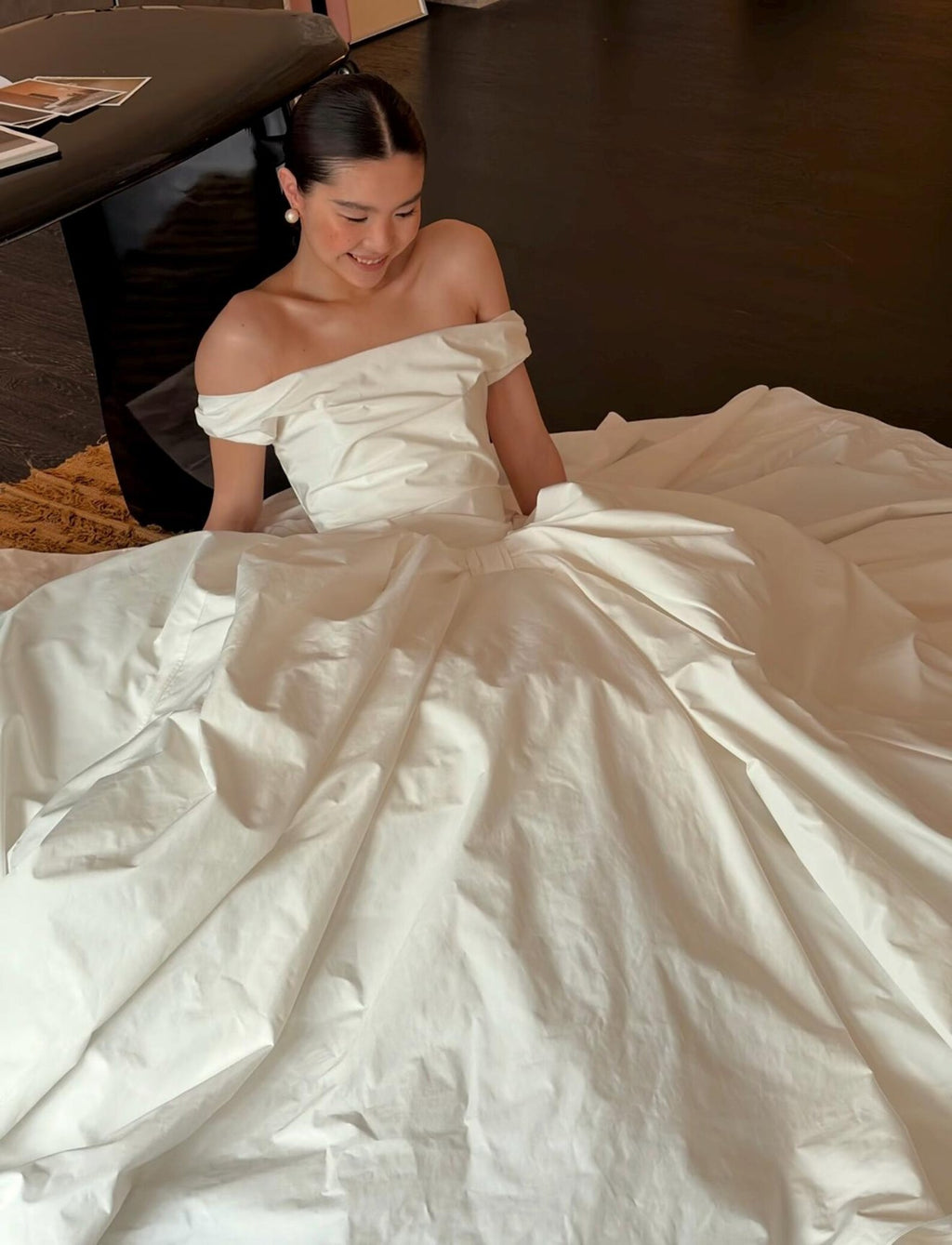 Off White Satin Wedding Gown, Off The Shoulder Bridal Dress, Big Bow A Line Wedding Dress With Train, Simple Minimalist Wedding Dress