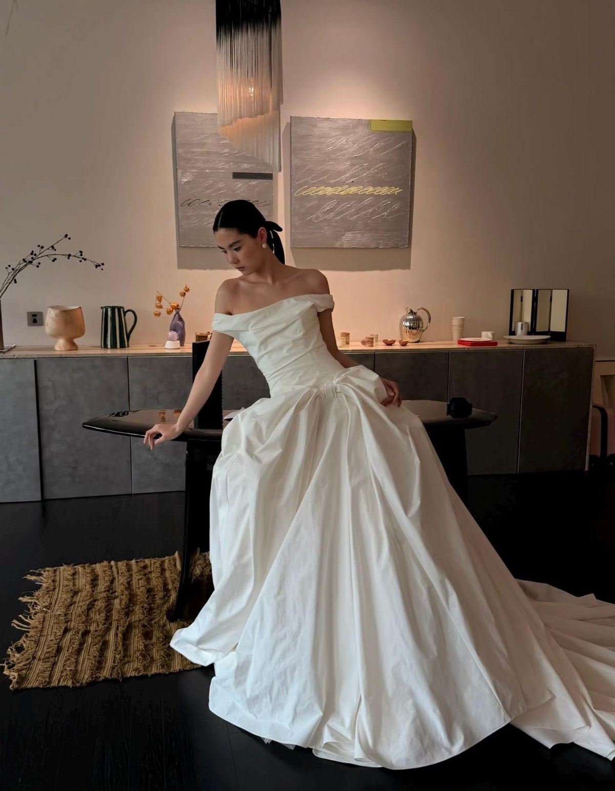 Off White Satin Wedding Gown, Off The Shoulder Bridal Dress, Big Bow A Line Wedding Dress With Train, Simple Minimalist Wedding Dress