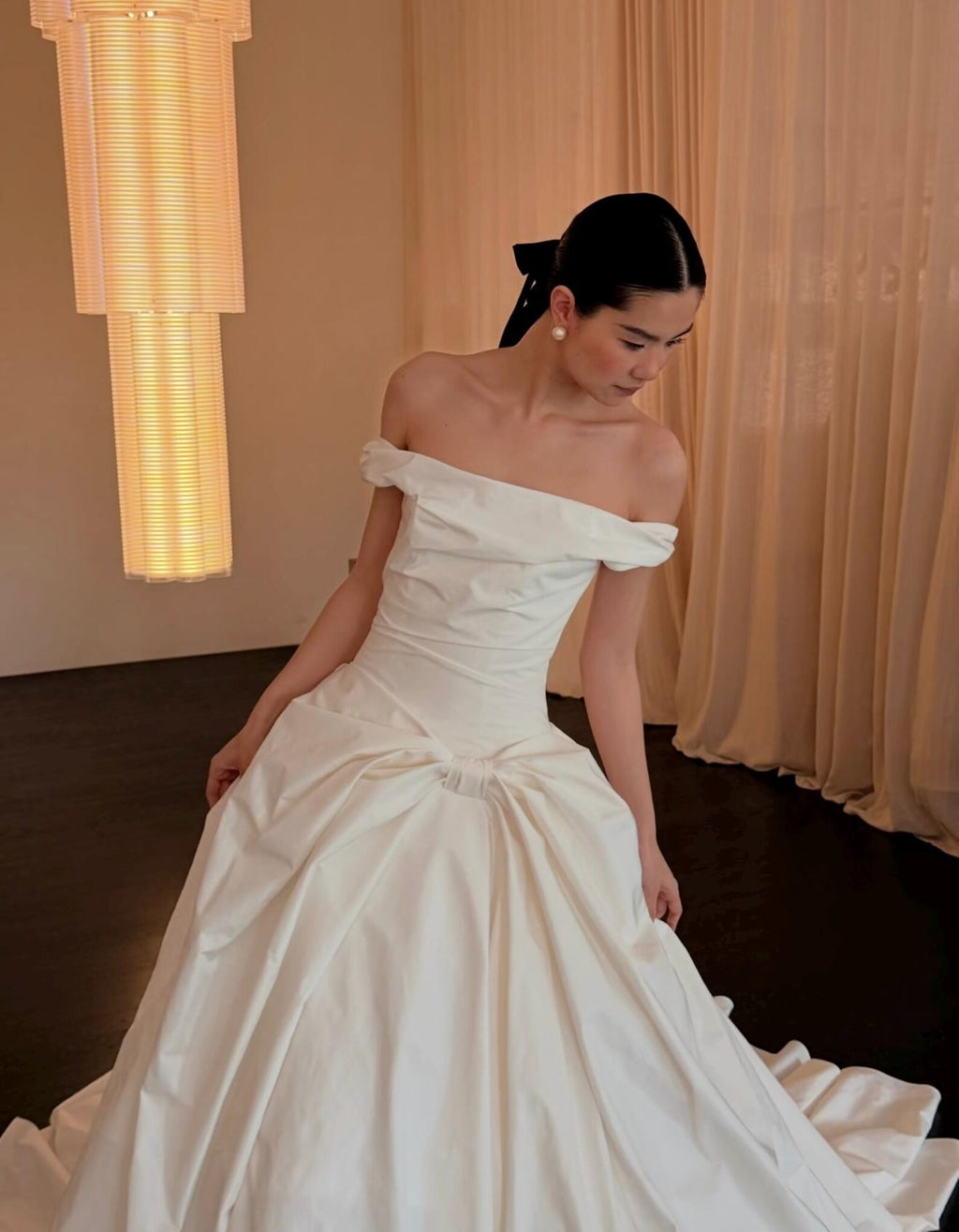 Off White Satin Wedding Gown, Off The Shoulder Bridal Dress, Big Bow A Line Wedding Dress With Train, Simple Minimalist Wedding Dress