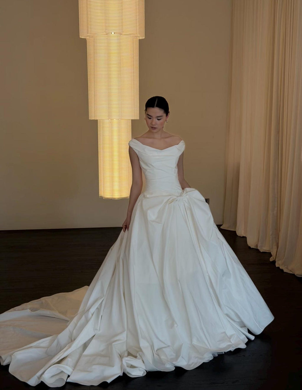 Off White Satin Wedding Gown, Off The Shoulder Bridal Dress, Big Bow A Line Wedding Dress With Train, Simple Minimalist Wedding Dress