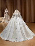 Strapless Satin Ballgown Wedding Gown, Hand Beaded Lace Bridal Dress, Bow Embellished Luxury Custom Wedding Dress With Train