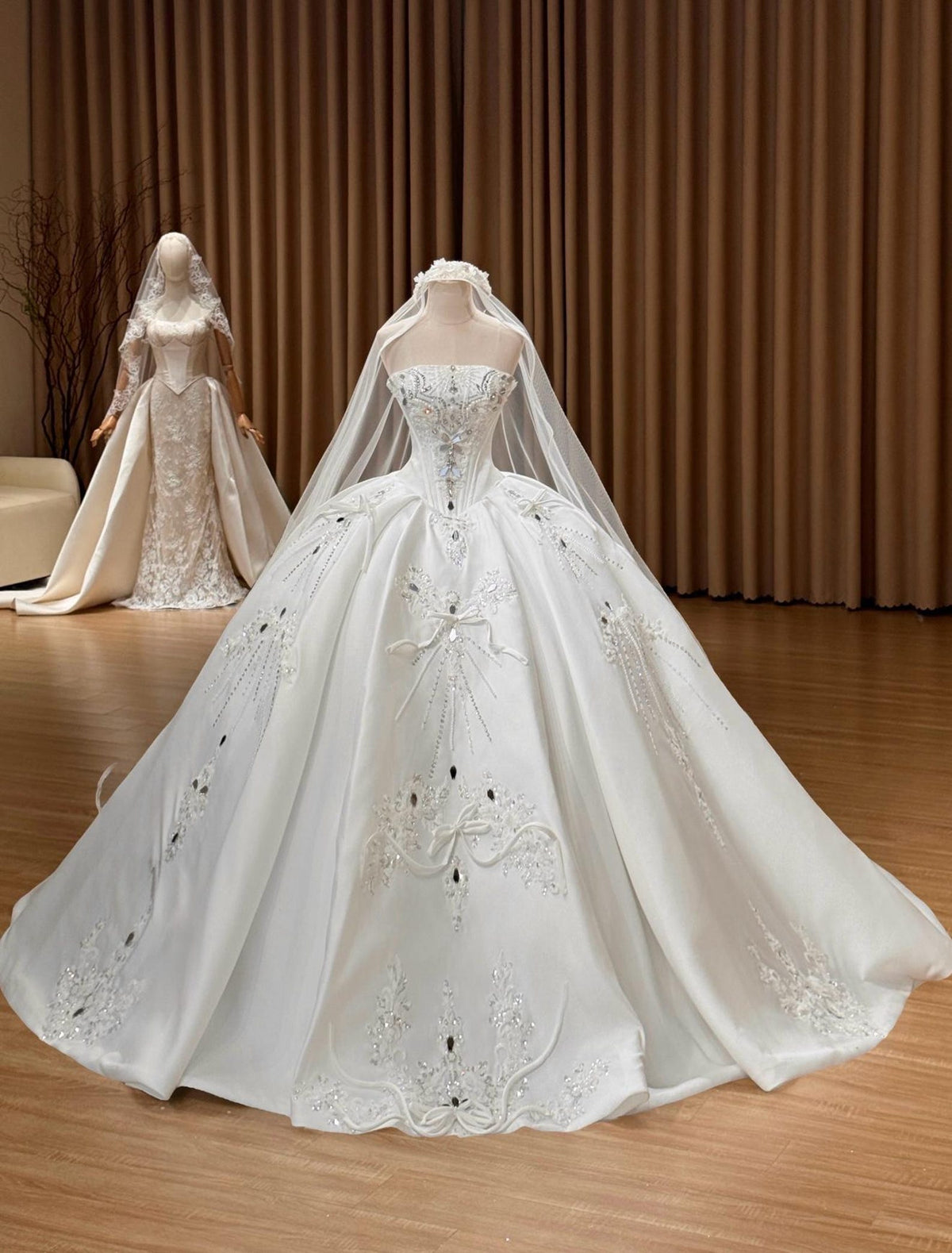 Strapless Satin Ballgown Wedding Gown, Hand Beaded Lace Bridal Dress, Bow Embellished Luxury Custom Wedding Dress With Train