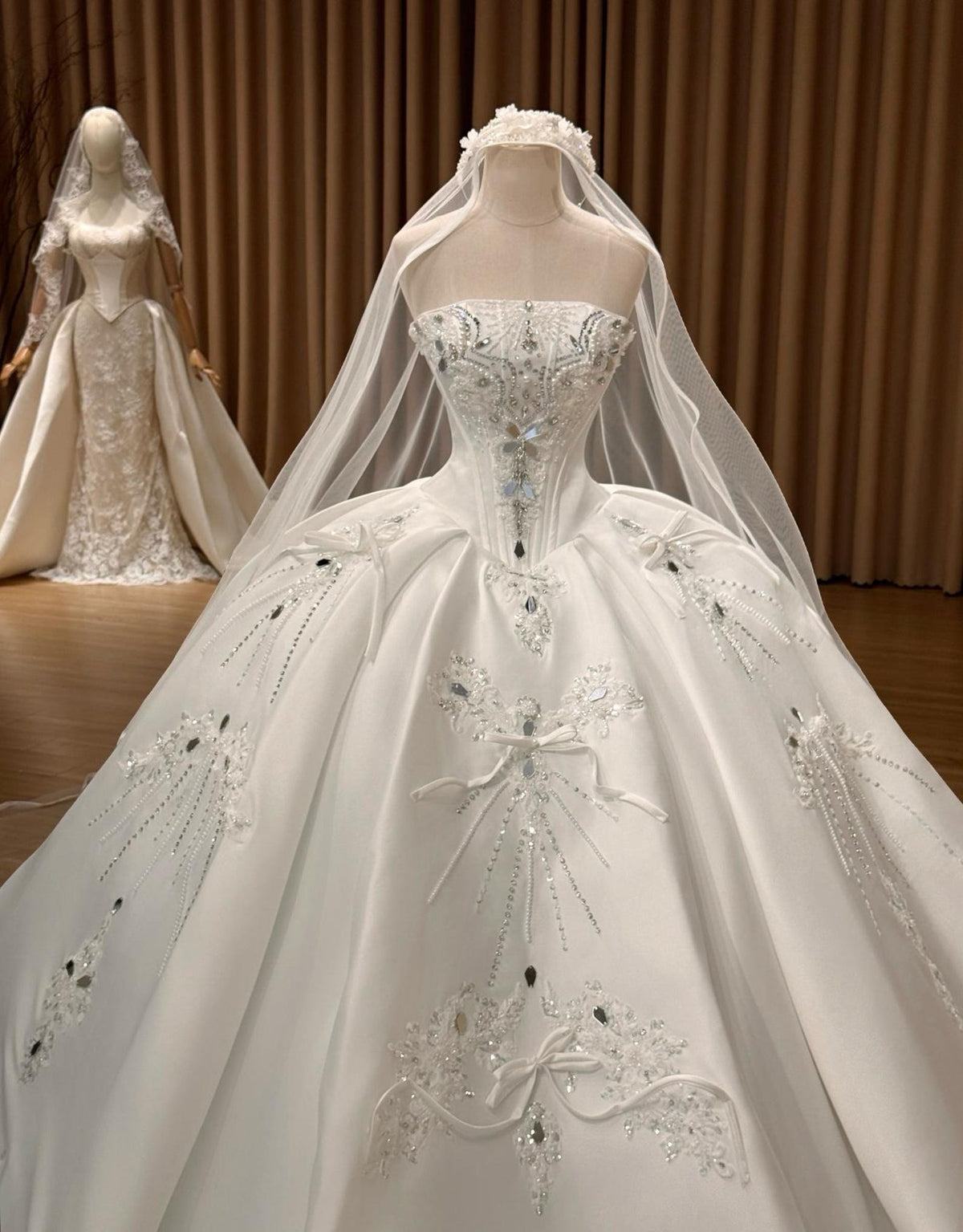 Strapless Satin Ballgown Wedding Gown, Hand Beaded Lace Bridal Dress, Bow Embellished Luxury Custom Wedding Dress With Train