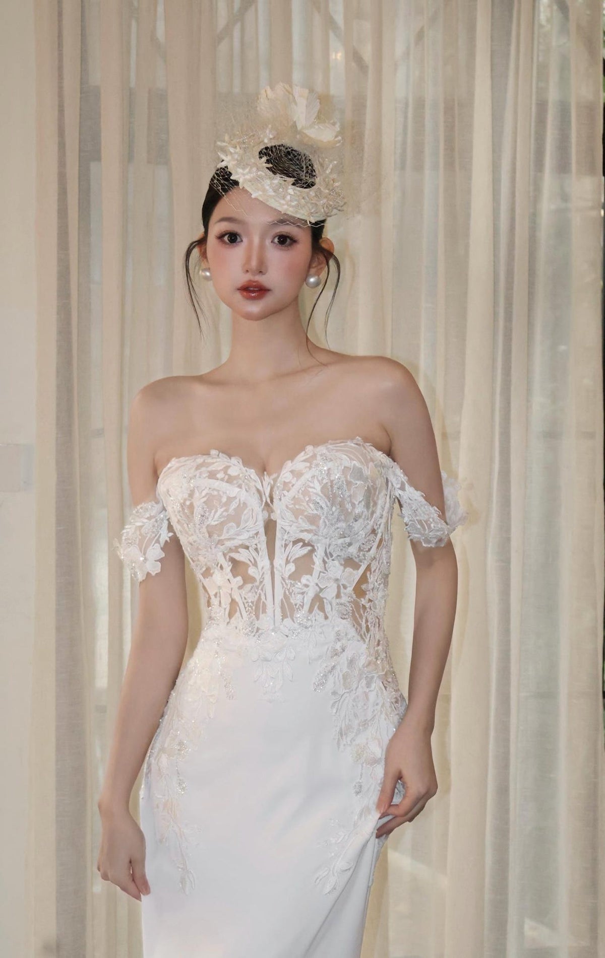 Off The Shoulder Mermaid Wedding Gown, Lace Applique Bridal Dress, Sheer Corset Back Wedding Dress, Custom Lace Mermaid Bridal Gown