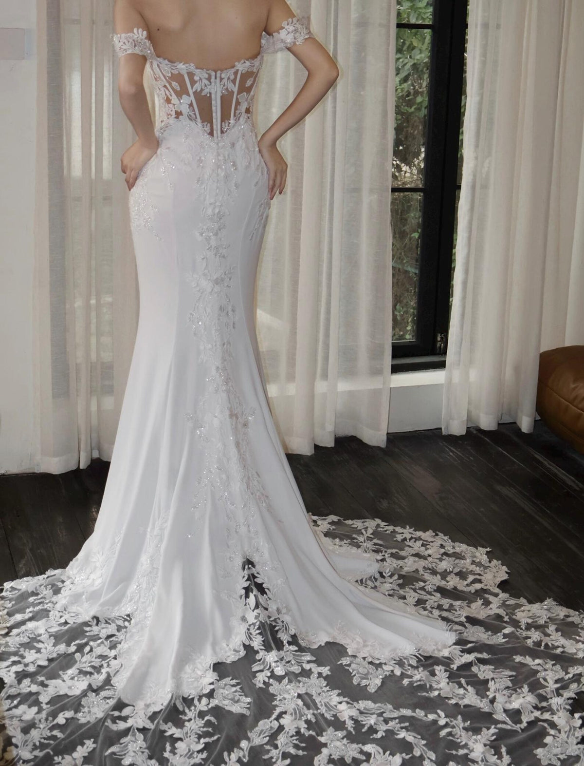 Off The Shoulder Mermaid Wedding Gown, Lace Applique Bridal Dress, Sheer Corset Back Wedding Dress, Custom Lace Mermaid Bridal Gown