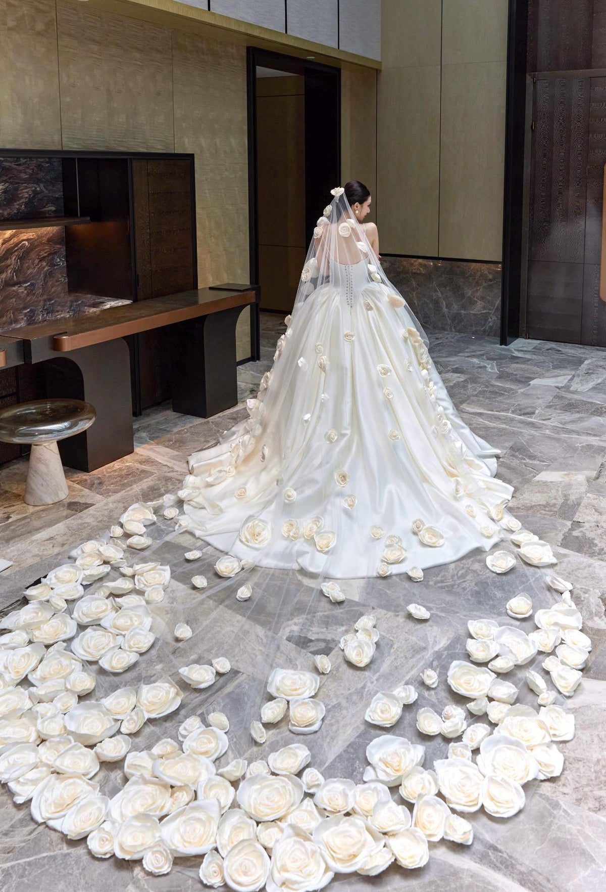 3D Floral Satin Wedding Gown, Spaghetti Strap Bridal Dress, Rose Flower A Line Wedding Dress, Custom Romantic Wedding Gown With Train