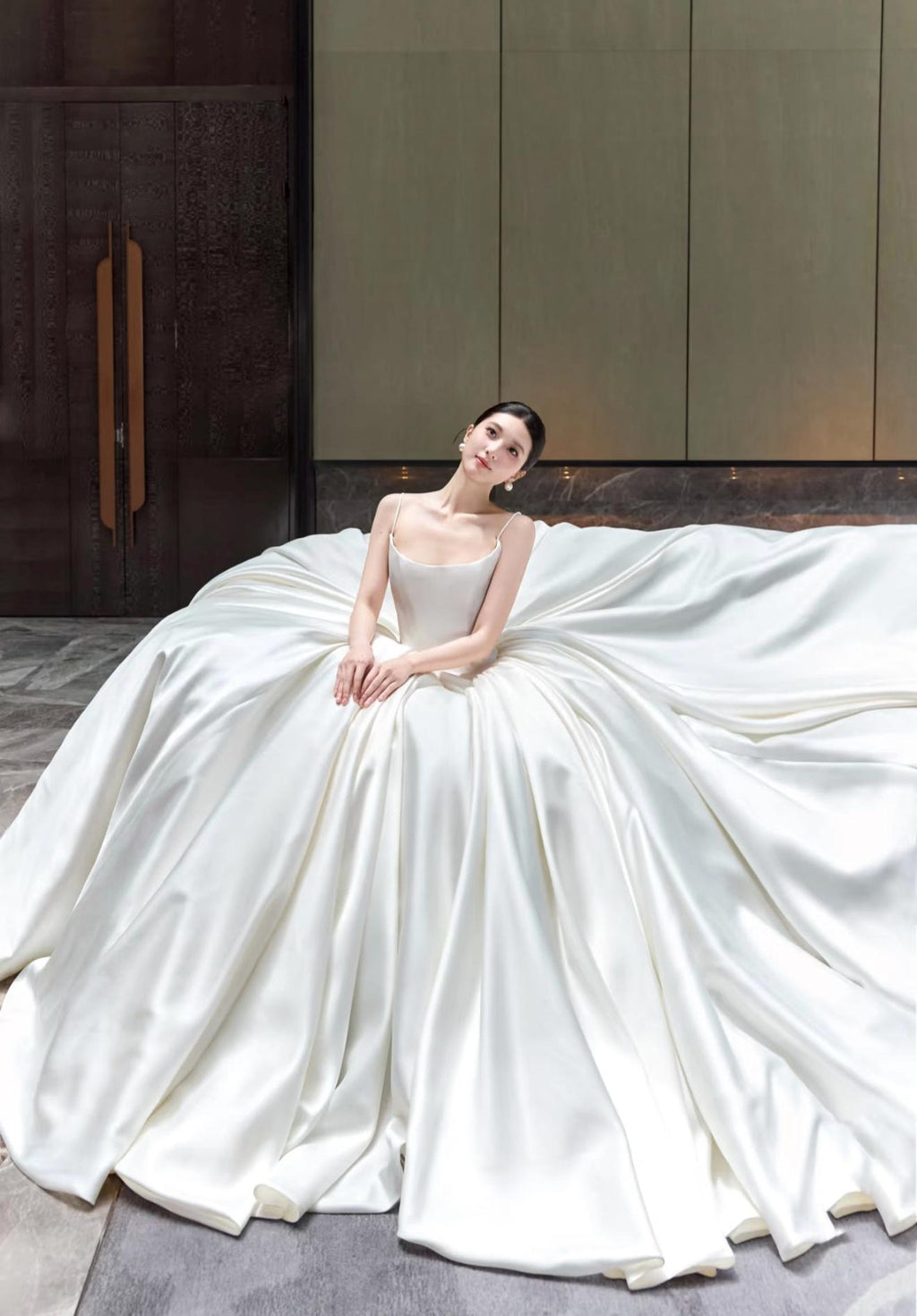3D Floral Satin Wedding Gown, Spaghetti Strap Bridal Dress, Rose Flower A Line Wedding Dress, Custom Romantic Wedding Gown With Train