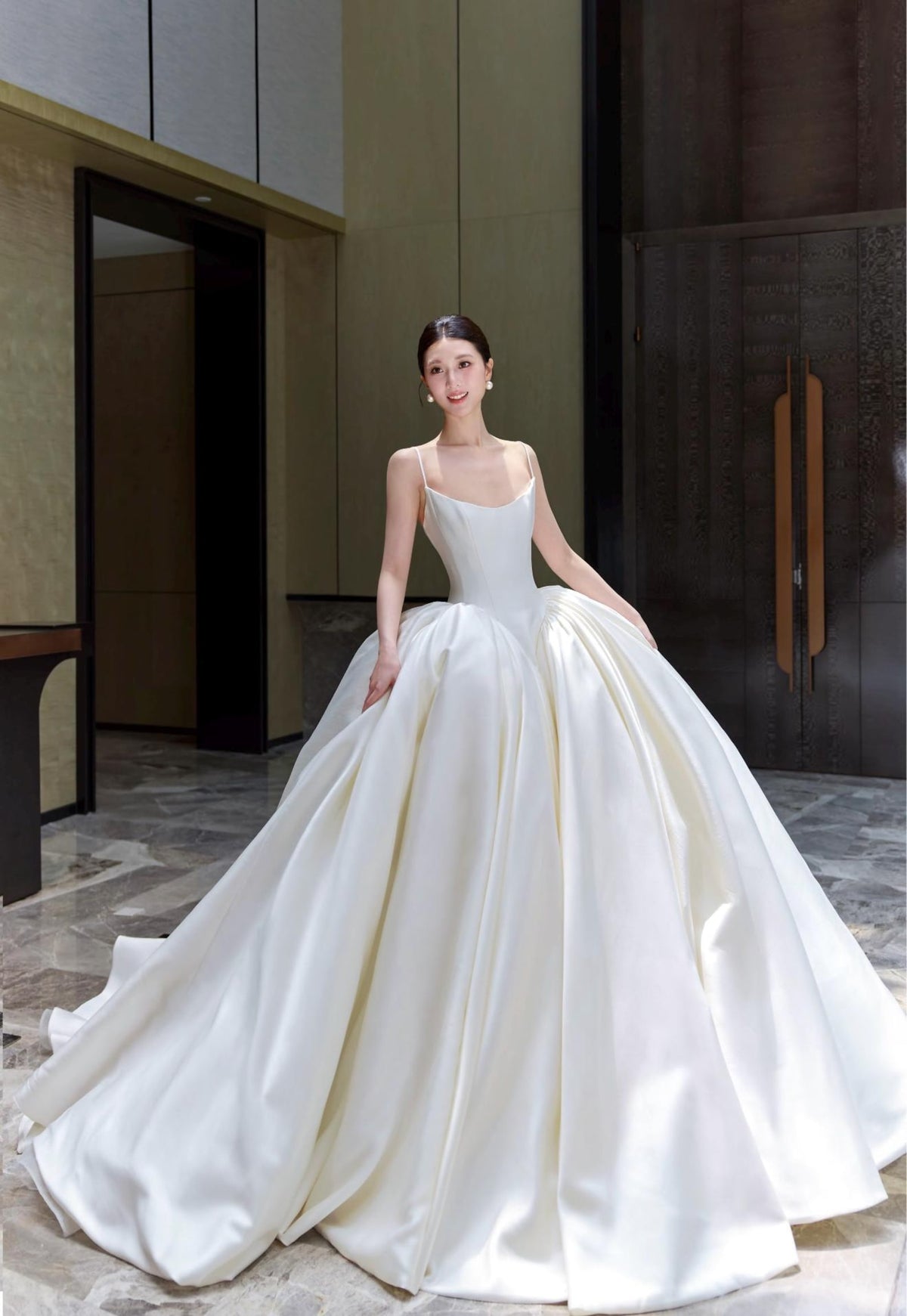 3D Floral Satin Wedding Gown, Spaghetti Strap Bridal Dress, Rose Flower A Line Wedding Dress, Custom Romantic Wedding Gown With Train