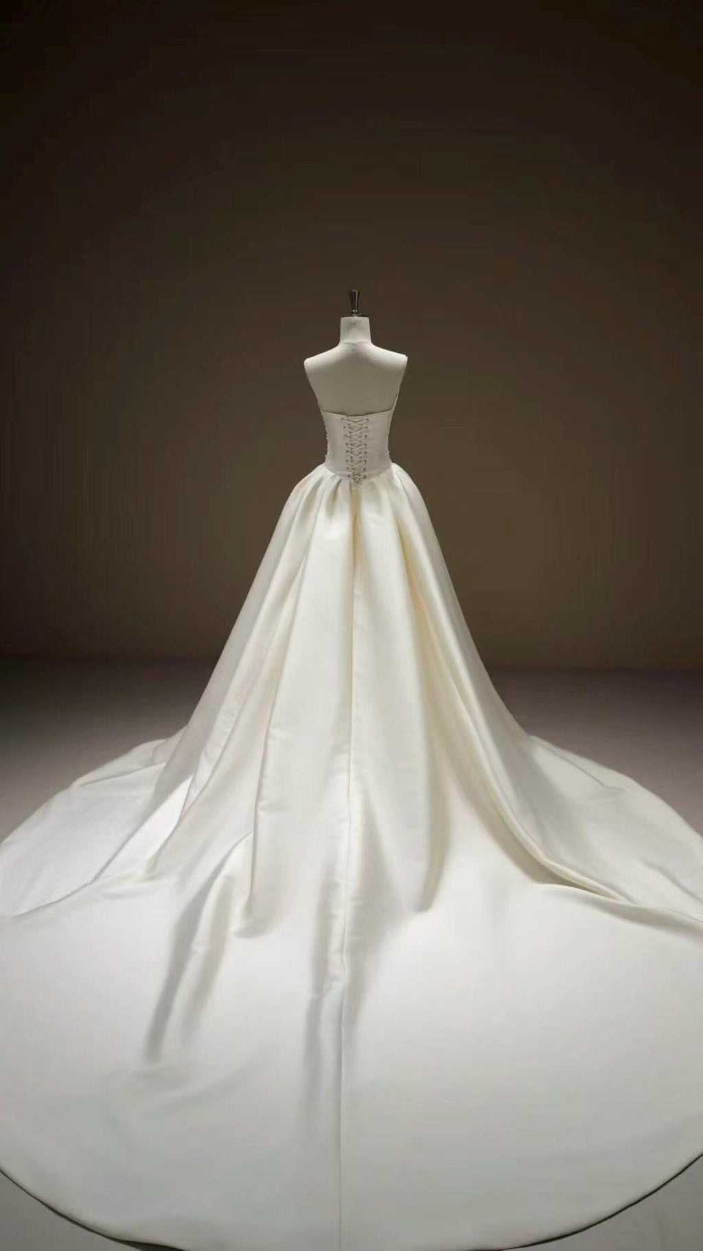 High Neck Lace Wedding Gown, Long Sleeve Bridal Dress, Detachable Satin Overskirt, Boned Corset Two Piece Wedding Gown With Train