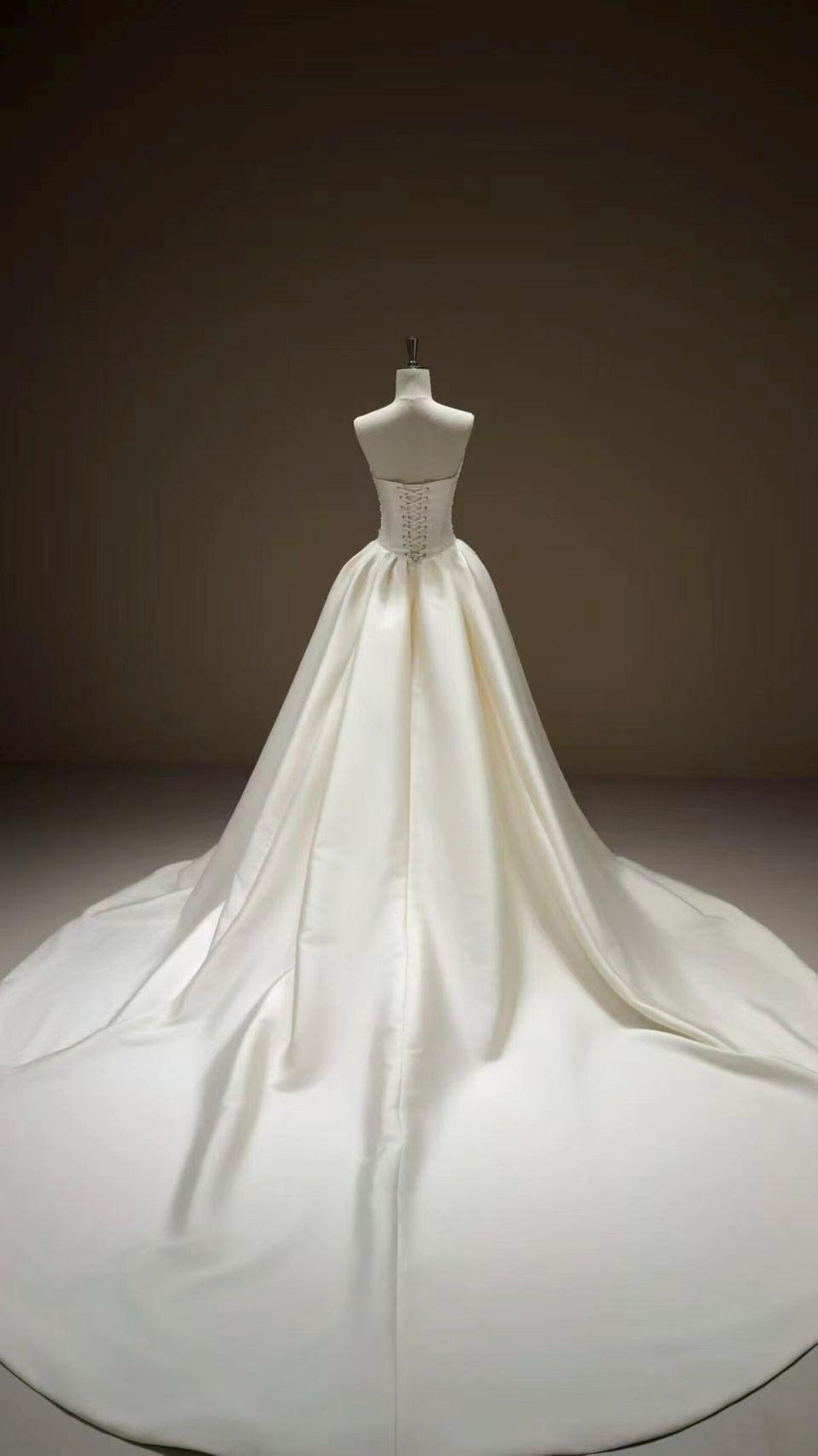 High Neck Lace Wedding Gown, Long Sleeve Bridal Dress, Detachable Satin Overskirt, Boned Corset Two Piece Wedding Gown With Train