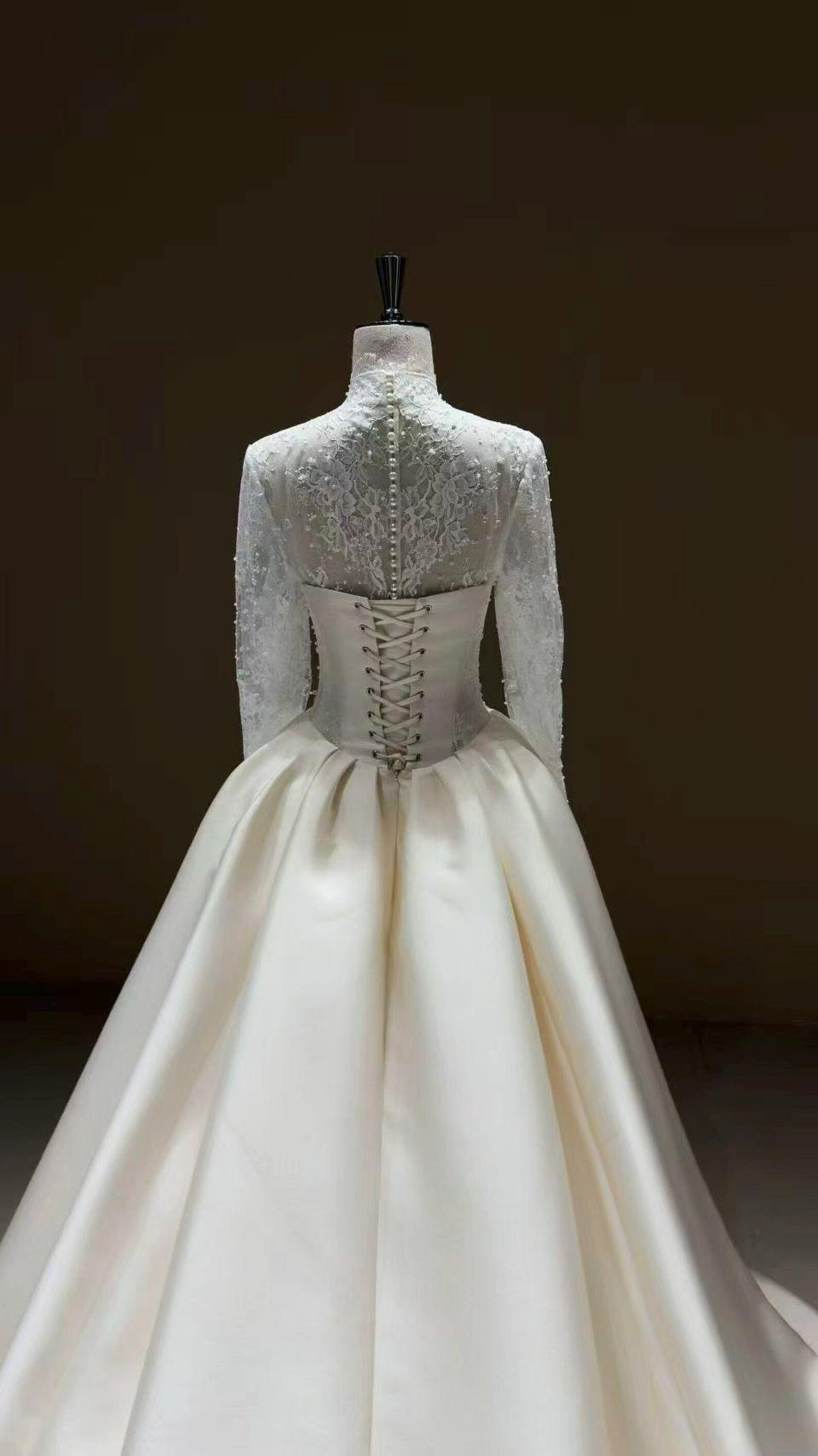 High Neck Lace Wedding Gown, Long Sleeve Bridal Dress, Detachable Satin Overskirt, Boned Corset Two Piece Wedding Gown With Train