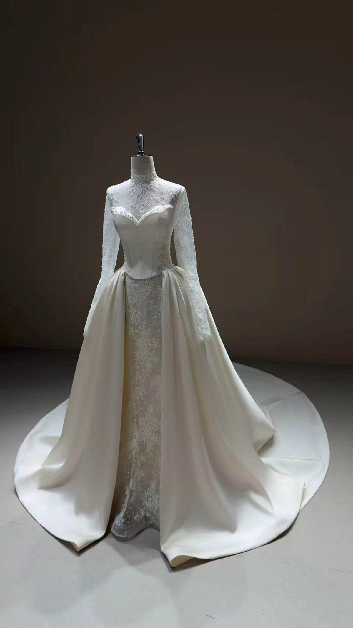 High Neck Lace Wedding Gown, Long Sleeve Bridal Dress, Detachable Satin Overskirt, Boned Corset Two Piece Wedding Gown With Train
