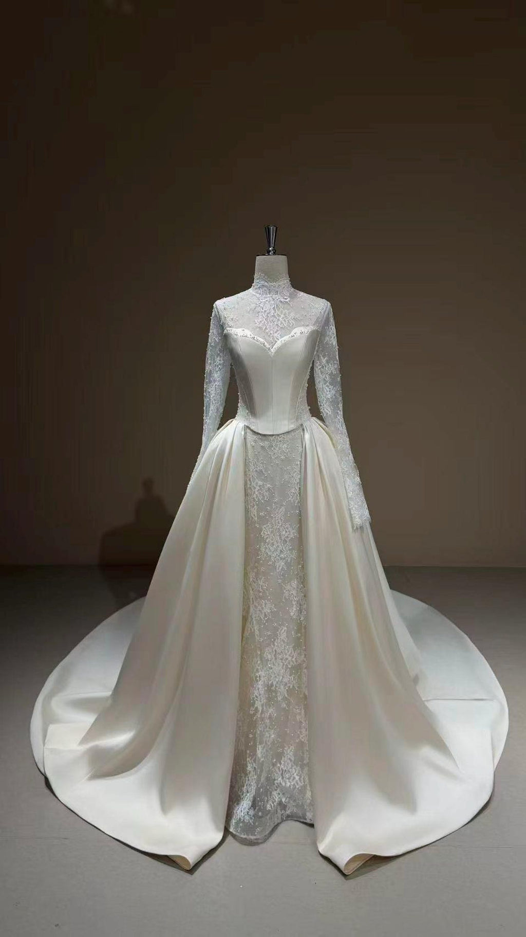 High Neck Lace Wedding Gown, Long Sleeve Bridal Dress, Detachable Satin Overskirt, Boned Corset Two Piece Wedding Gown With Train