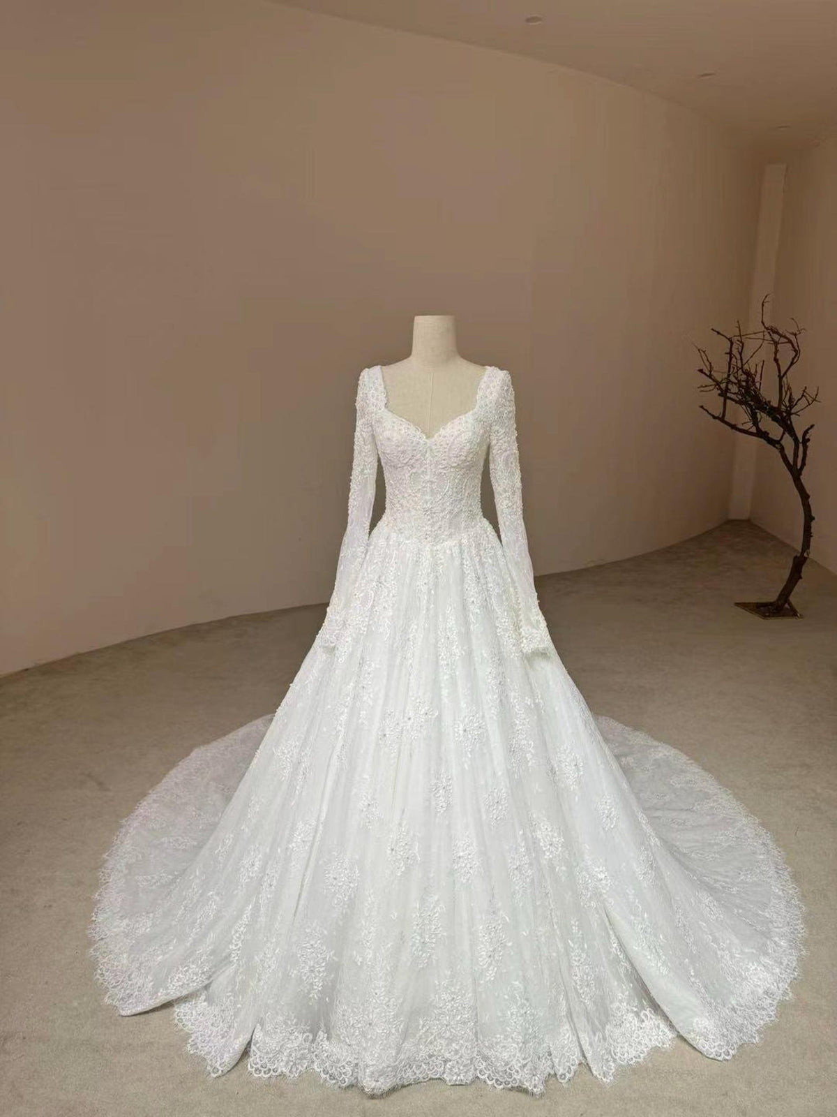 Square Sweetheart Lace Ballgown Wedding Gown, Long Sleeve Beaded Bridal Dress, Floral Lace A Line Wedding Gown With Train