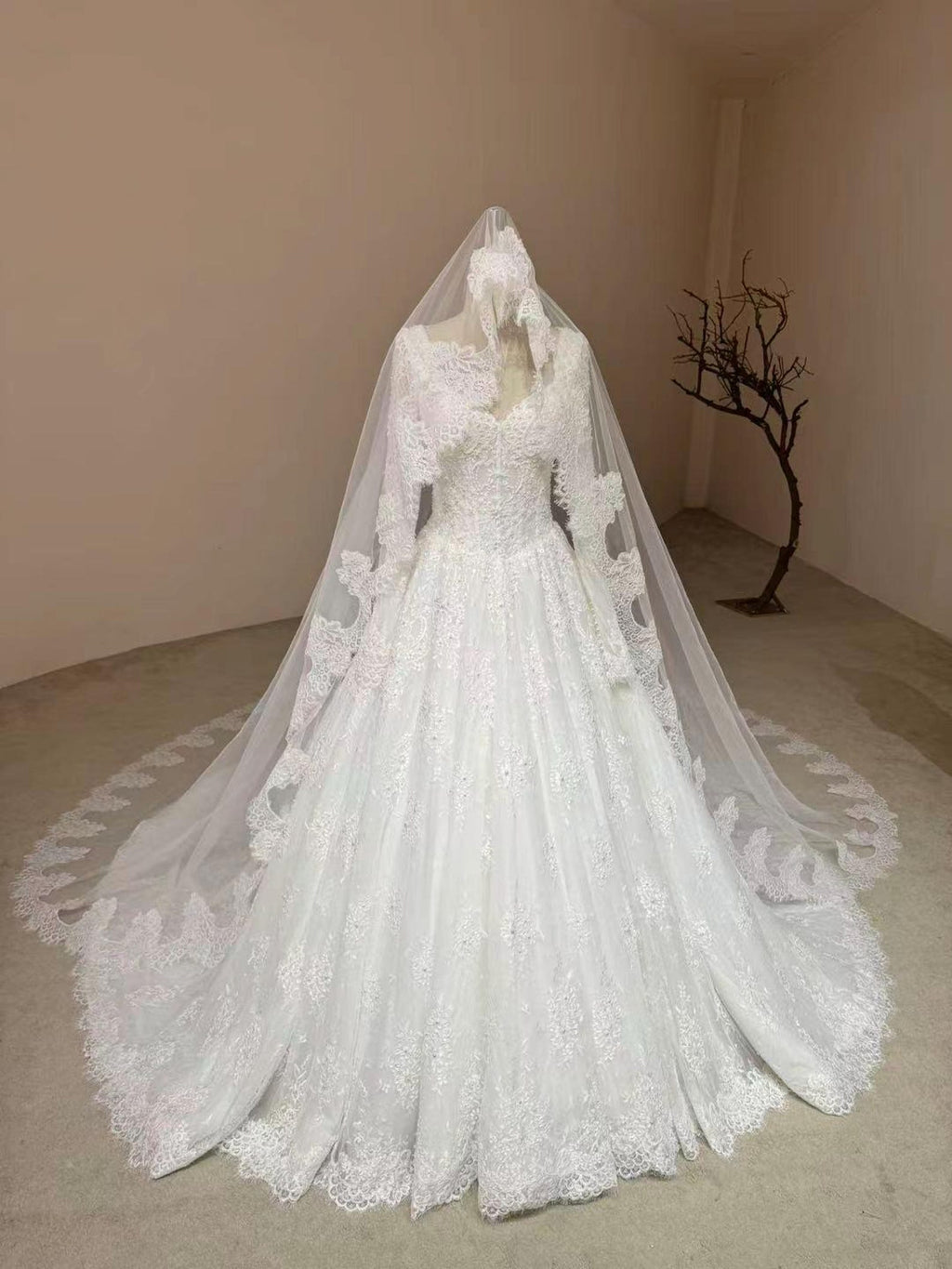 Square Sweetheart Lace Ballgown Wedding Gown, Long Sleeve Beaded Bridal Dress, Floral Lace A Line Wedding Gown With Train