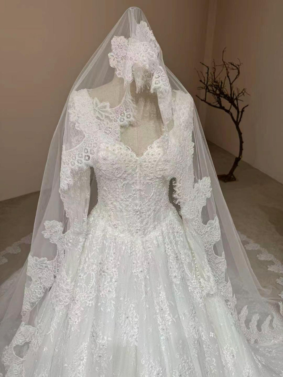 Square Sweetheart Lace Ballgown Wedding Gown, Long Sleeve Beaded Bridal Dress, Floral Lace A Line Wedding Gown With Train