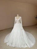 Square Sweetheart Lace Ballgown Wedding Gown, Long Sleeve Beaded Bridal Dress, Floral Lace A Line Wedding Gown With Train